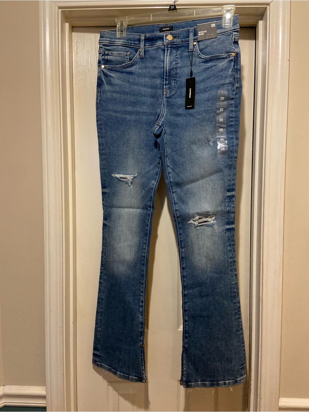 Express Women's Light Blue Distressed Flare Jeans